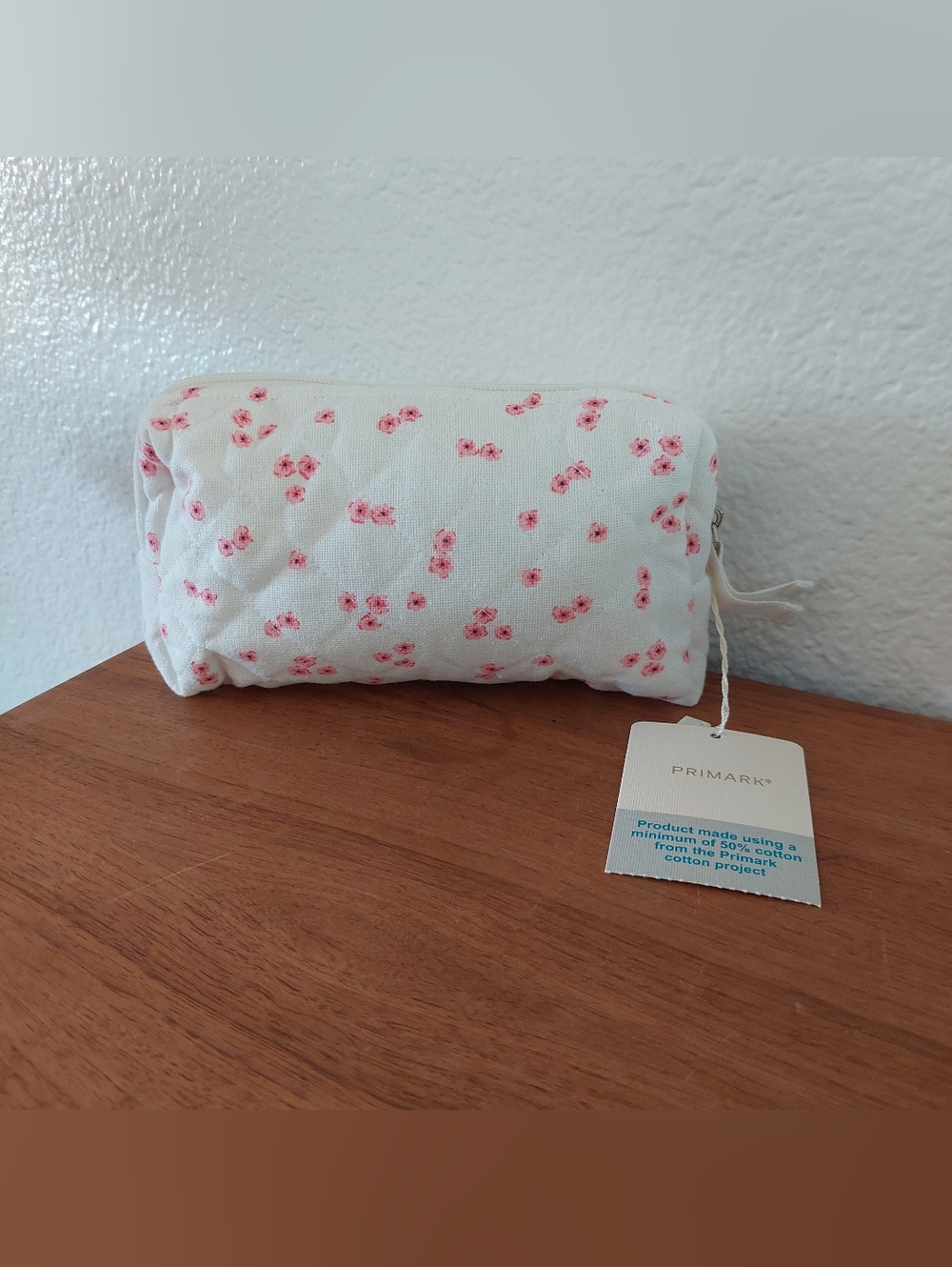 Primark Floral Quilted Cosmetic Pouch - White with Pink Roses